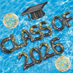 Sumind 14 Pcs Class of 2026 Pool Float Decorations, 15 x 20 Inch Inflatable Letters Set, Glitter Prom Party Decor with Grad Cap & Ball for Grad Pool Party, Photo Props, Graduation Games (Black Gold)