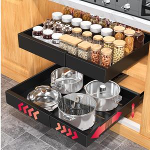 21"Deep 2Pack Expandable Pull Out Cabinet Organizers,Adjustable Width 12.6-20.5"No-Drilling,Upgrade 3 Slide Rails Slide Out Drawers,Roll-Out Shelves Adhesive With Raising Pad for Framed Cabinets,Black