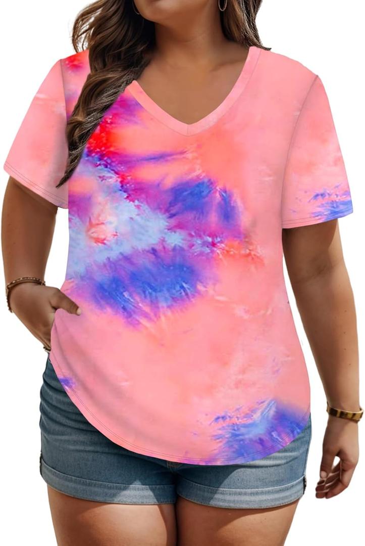 ROSRISS Plus Size Tops for Women Casual Summer T Shirts V Neck Short Sleeve Tunics (XXL)