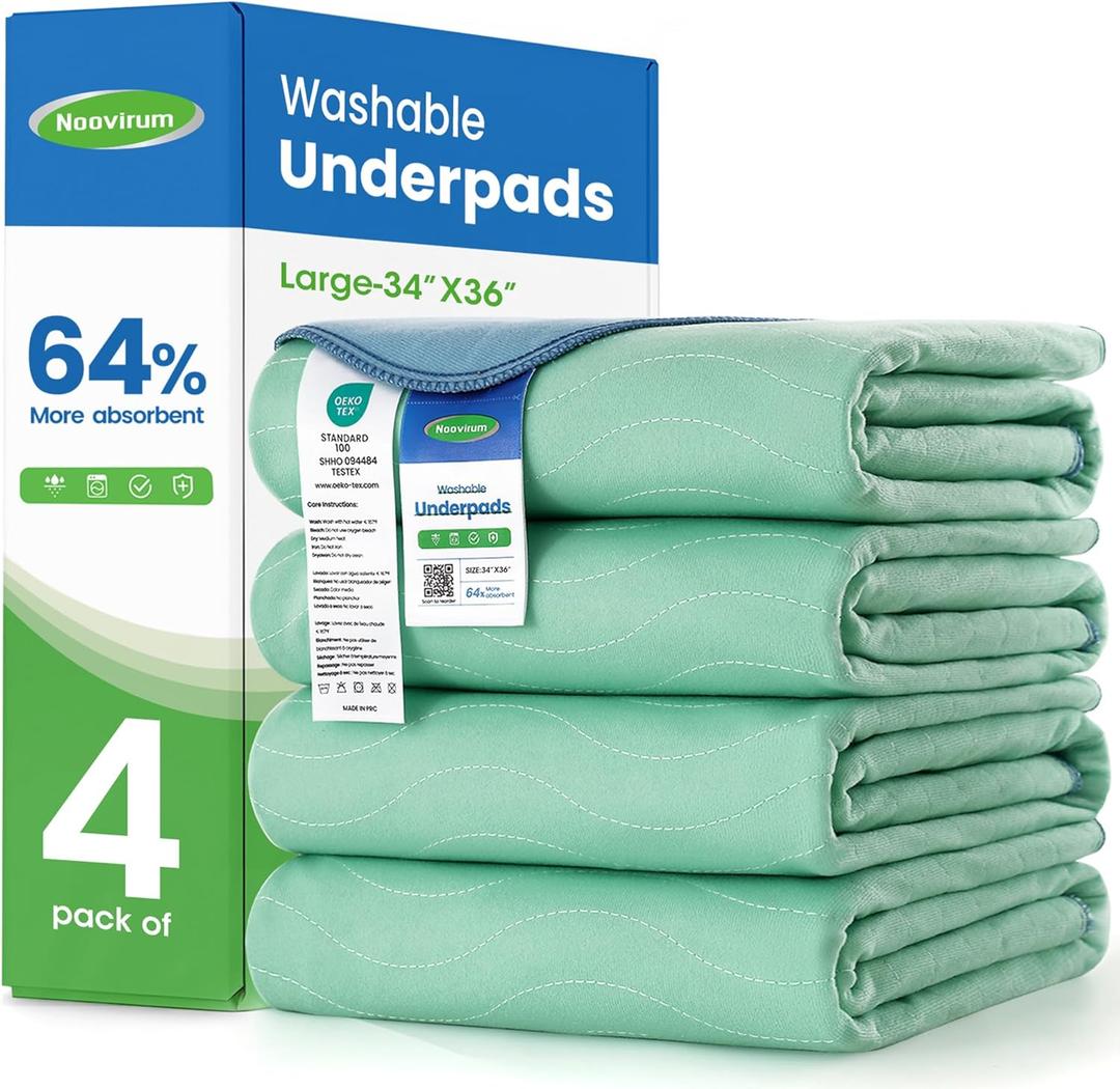 Noovirum Washable Underpads,34"x36" (Pack of 4) - Heavy Absorbency Incontinence Bed Pads for Adults, Kids & Pets - Waterproof Reusable Protective Pad for Bed, Sofa, Furniture & Floor