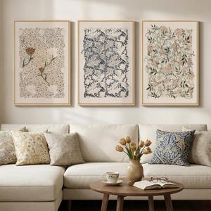 Large Framed William Morris Wall Art Set of 3, Vintage Neutral Botanical Floral Canvas Prints, Boho Nature Wall Decor for Living Room Bedroom Hallway Office, 24x36 Inch