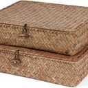 Moosky Flat Wicker Shelf Baskets with Lid, Handwoven Seagrass Basket Boxes for Storage Baskets Bins Home Decor Organizer (Coffee Set of 2)