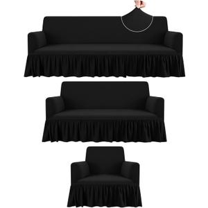 3 Pcs Sofa Slipcover Set for Couch Cushion Durable Washable High Elastic Stretchable Furniture Couch Covers with Skirt for Sofa Loveseat Arm Chair(Black,Milk Silk)