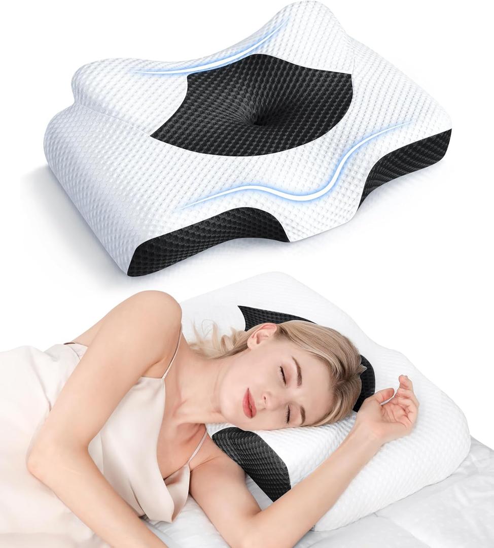 Osteo Cervical Pillow for Neck Pain Relief, Hollow Design Odorless Memory Foam Pillows with Cooling Case, Adjustable Orthopedic Bed Pillow for Sleeping, Support for Side Back Sleepers (Queen(25.5*16.5*5.2/4.1 Inches), Black)