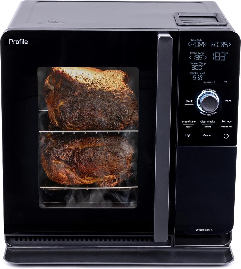GE Profile Smart Indoor Pellet Smoker, with Active Smoke Filtration, 5 Smoke Control Settings, WiFi Connected, Electric, Countertop BBQ Appliance, Black