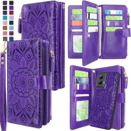 Harryshell Detachable Wallet Leather Case Compatible with Motorola Moto G Power 5G 2024 Magnetic Phone Case Zipper with Cash Coin Pocket Multi Card Slots Holder Wrist Strap Lanyard (Flower Purple)