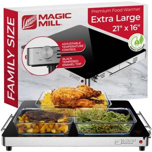 Magic Mill Premium-Grade Glass Food Warmer for Parties Buffet, XL Stainless Steel Modern Electric Warming Tray, Adjustable Temperature Control, Advanced Precision-Engineered Heating System Size-21x16