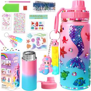 Decorate Your Own Water Bottle Kits for Girls,Stainless Steel Mermaid Water Bottle Girls,Arts and Crafts Ages 4-6-8-10,Gem Art Mermaid Toys Gifts Birthday Christmas Stocking Stuffers (Mermaid)