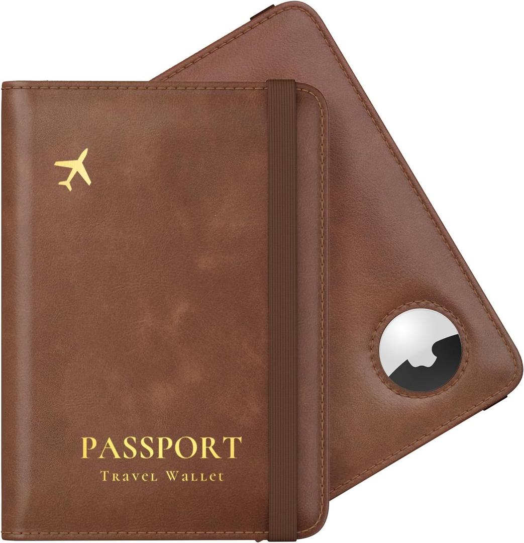 Stouchi AirTag Passport Holder, RFID Passport Holder with Airtag Slot, Multiple Passport Wallet Cover for Men, Leather Passport Case, Anti-Lost Waterproof Travel Accessories, Brown