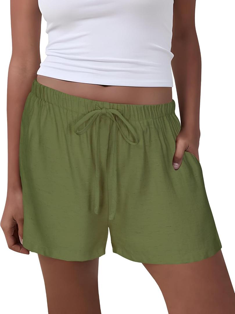 GUOLEZEEV Women Shorts Casual Drawstring Elastic Waist Flowy Linen Cute Y2k Beach Shorts (Green, M)