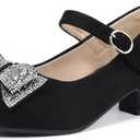 Hehainom Girls Mary Jane Dress Shoes Rhinestones Bows Flower Girl Wedding Princess Low Heels Toddler Little Kids Pump Shoes (Blacksuede,2 Little Kid)
