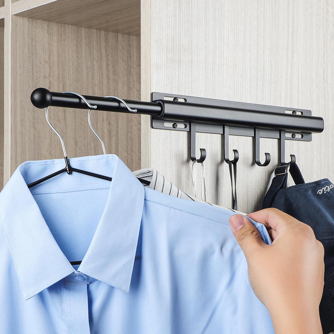 12 inch Valet Rod for Closets Pull Out Closet Valet Rod Slide Out Black Pull Out Clothes Hanger With 4 Hooks Closet Organization and Storage