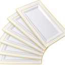 I00000 6 Pack Plastic Serving Trays, Gold Rim Disposable Serving Trays, Gold Disposable Serving Platter for Food Party Serving Platters and Plastic Trays 13.97x8.46 inches (White Gold)