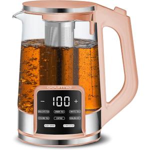 Gourmia Electric Glass Kettle 1.7L Programmable Tea & Coffee Brewer with Digital Touch Display, 6 Presets, Removable Stainless Steel Infuser, Cordless with 360 Swivel Base, Peach