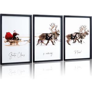 HKBS Framed Christmas Wall Art Decor, Set of 3 Christmas Wall Canvas Prints Pictures Farmhouse Santa Claus Is Coming To Town for Holiday Home Decorations Indoor (Black, 12"x16", Framed)