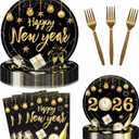 96 Pieces Happy New Year Plates and Napkins Tableware Set, Black and Gold New Years EVE Disposable Dinnerware with Paper Plates, Napkins, Forks for 2026 New Year's Eve Party Supplies- Serves 24