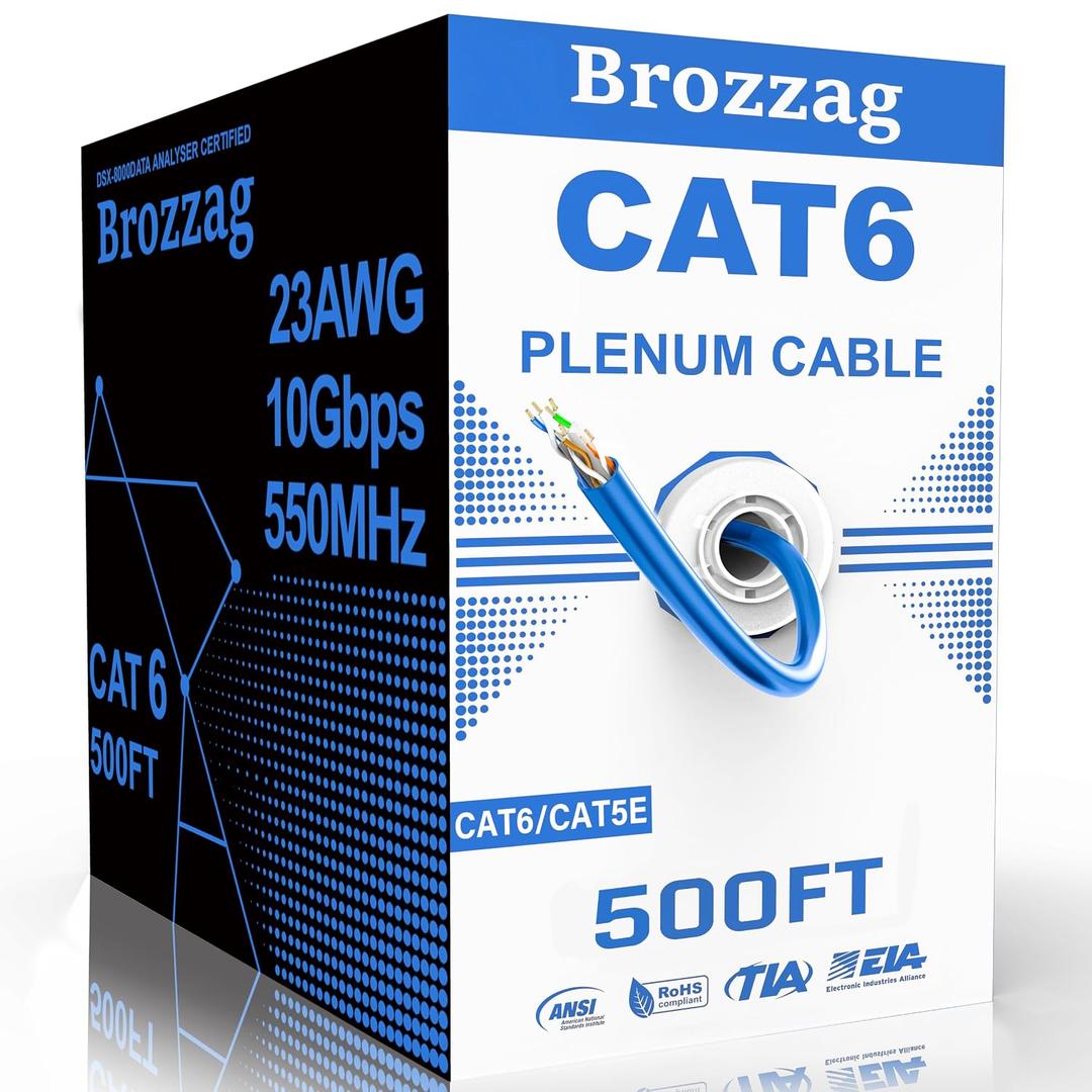 CAT6 Plenum Cable 500ft, 23AWG UTP 550MHz 10Gbps, DSX-8000 Certified, Internet Cable Rated for in-Wall, Outdoor & Direct Burial, Tangle-Free Spool, Bulk Cat5E LAN Wire for Home, Office (Blue)