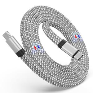 USB C Cable, Magnetic USB C to USB C Cable 60W(3A), 5ft Coiled USB C Cord, Flat Nylon Braided Type C Fast Charging Cable Compatible for USB C Device for Pad for Samsung Galaxy, Silver