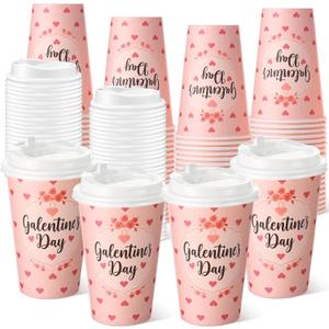 Tioncy 60 Pcs 12oz Galentine's Day Coffee Paper Cups with Lids Hot Cocoa Cups Galentine's Day Paper Beverage Tumbler Hot Chocolate Cocoa Container for Women Valentines Friends Female Sister (Pink)