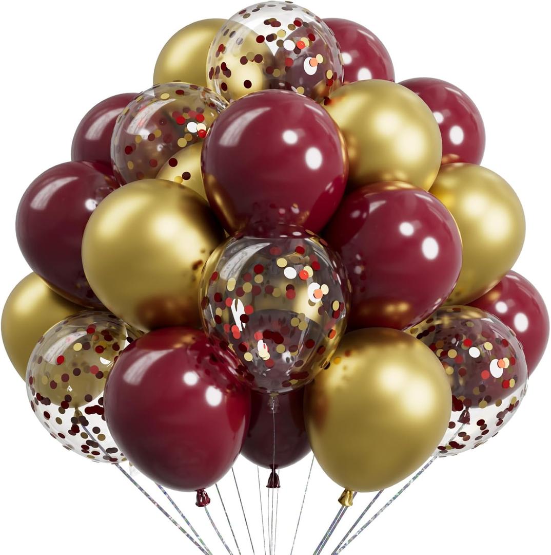 Metallic Burgundy and Gold Balloons 12 Inch 73PCS Gold Maroon Confetti Latex Balloons Shiny Helium Balloon Set for Birthday Party Anniversary Graduation Decorations