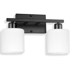 Bathroom Light Fixtures Over Mirror, Anti-Rust Matte Black Vanity Lights 15 Mid Century Modern 2-Light Wall Sconces, Milky White Glass Shades, E26 Standard Socket, Bulbs Not Included
