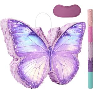 Butterfly Piata - Purple Butterfly Piata with Bat and Blindfold for Girls Kids Purple Themed Birthday Party Game Decorations (16x11.5x3)