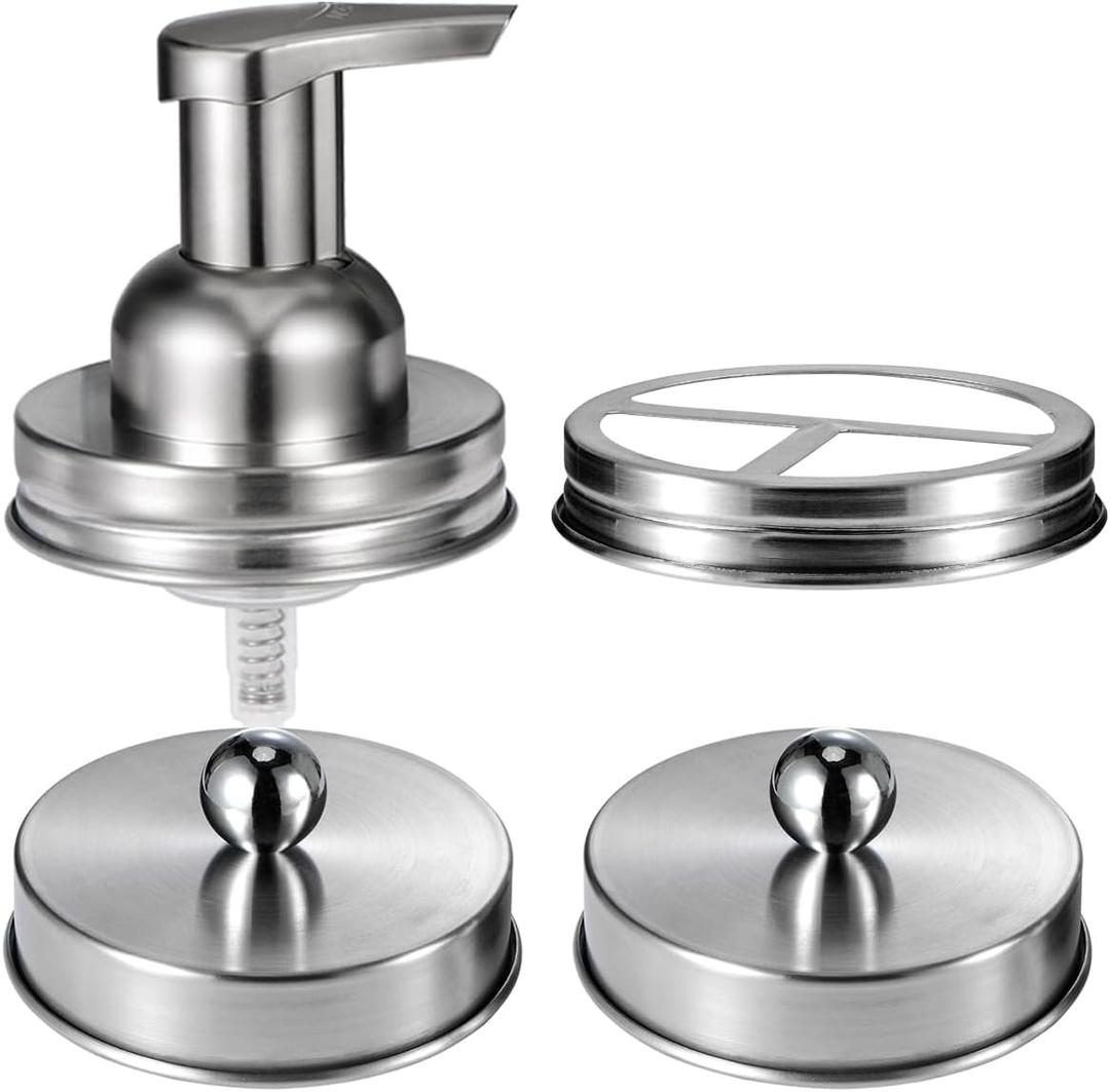 Mason Jar Bathroom Accessories Set(4pcs)-Jars Not Included - Foaming Soap Dispenser and Jars Lids for Regular Mouth jar, Wide Mouth Toothbrush Holder lid, Farmhouse Decor-Brushed Nickel
