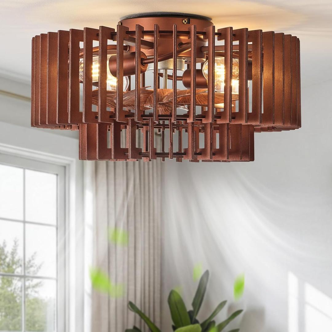 20" Wood Caged Ceiling Fans with Lights, Flush Mount Farmhouse Rustic Ceiling Fan with Light Remote Control, Low Profile with 6 Speeds for Bedroom,Nursery,Living Room