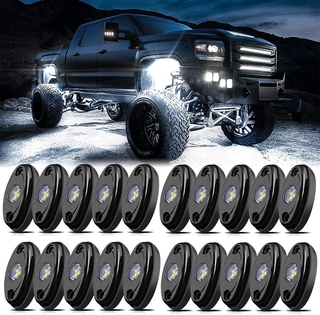 White LED Rock Lights 20PCS for Trucks Off Road ATV UTV SUV RZR LED Under Glow White Light Trail Rig Lights Pure White High Power Under Body Light Waterproof Shockproof
