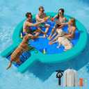 CALOBANA 10FT Water Hammock with Ramp, Inflatable Round Floating Ring with Ladder for Adults Pets, Heavy Duty Floating Dock with Dog Ramp Cup Holder Tanning Raft for Lake, River, or Boat Party