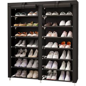 MOYIPIN Shoe Rack Storage Organizer, Double Row Portable Nonwoven Fabric Cover Shoe Rack Holds up to 28 Pairs 36.2 x 11.2 x49.2 Inches Black