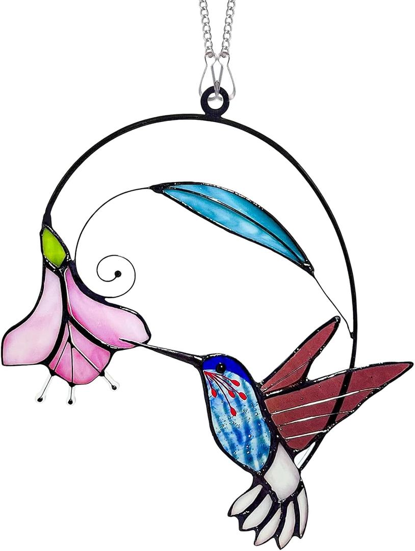 2 x Brown Hummingbird with Flower 7.87" Stained Glass Window Hanging Sun Catcher Blue Bird Stained Glass Window Hangings Suncatchers Decor Gifts for Home Indoor Outdoor Garden