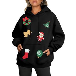 FRYAID Christmas Hoodie Women Merry Christmas Tree Sequins Sweatshirts Cute Xmas Snowman Santa Claus Sweater Holiday Pullover (Large, B-black)