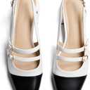 Coutgo Women's Mary Jane Chunky Low Heels Slingback Pumps Closed Square Toe Wedding Dress Shoes (7.5, Black & White Pu)
