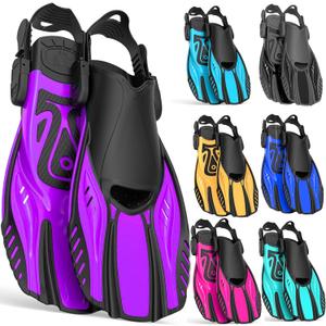 Snorkel Fins Diving Fins Adjustable Buckles Open Heel Swim Flippers Travel Size Short Swim Fins for Snorkeling Diving Swimming Adult Men Womens (ML/XL(US Men 9-13/ Women 10-14), Purple)