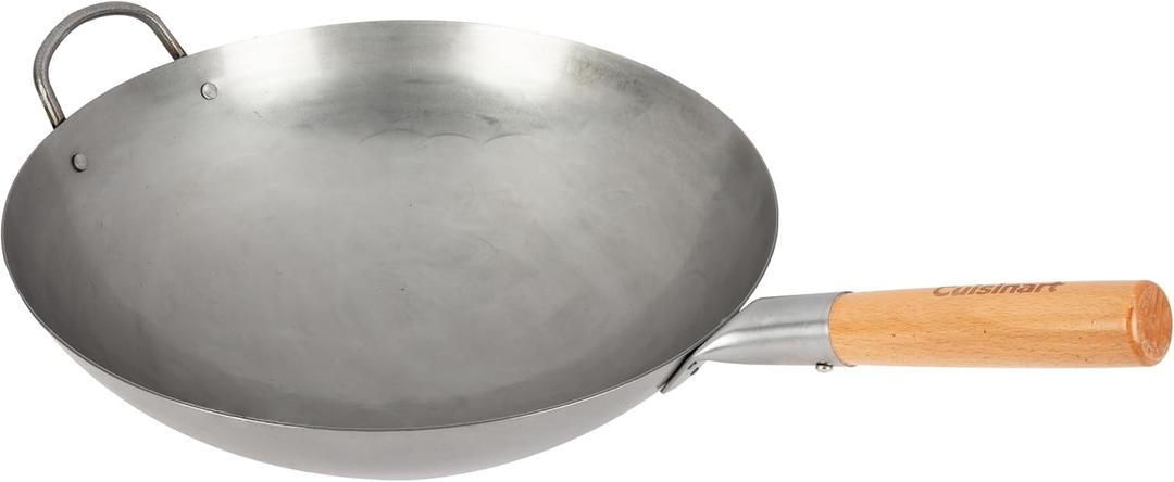 Cuisinart 14” Carbon Steel Hammered Wok, Traditional Round Bottom, Stir Fry Pan with Wooden & Helper Handle for Authentic Asian Cuisine, Wok Hei Cooking Perfect for Stir-Fry, Sauté & Deep Fry