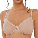 Women's Sexy Sheer Balconette Bra Mesh Unlined Underwire Bras Demi Plunge See Through Unpadded Lace Everyday Bralette (36D, Nude)
