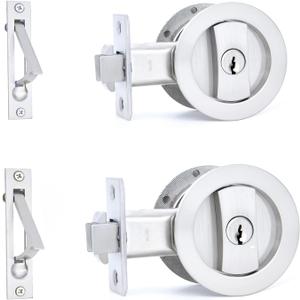 Dontay 2 Pack Pocket Door Lock with Key, Contemporary Entrance Sliding Barn Door Lock Latch, Recessed 2 Sided, 2 3/8" Backset, Flush Handles Hardware (Including Edge Pull, Brushed Nickel, Round)