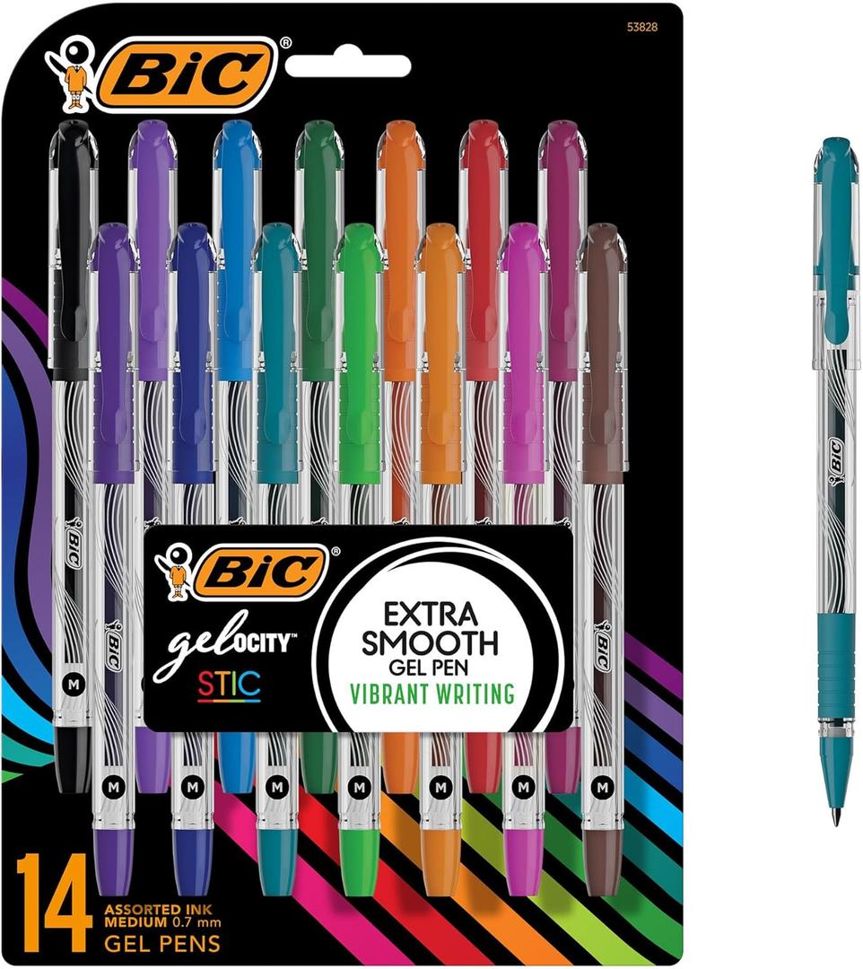 BIC Gel-ocity Smooth Stic Gel Pen, Medium Point (0.7mm), Assorted Colors, 14-Count, Vibrant and Smooth Gel Ink Pens