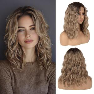 16 Inch Medium Length Wavy Ombre Ash Blonde Synthetic Wig with Adjustable Bands for Women  Natural Middle Part Design for Daily Wear, Parties, or Halloween
