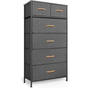 Mifuro Tall Dresser for Bedroom, Vertical Storage Organizer Tower with 6 Drawers, Chest of Drawers with Fabric Bins, Steel Frame, Wood Top for Bedroom, Closet, Entryway- Grey