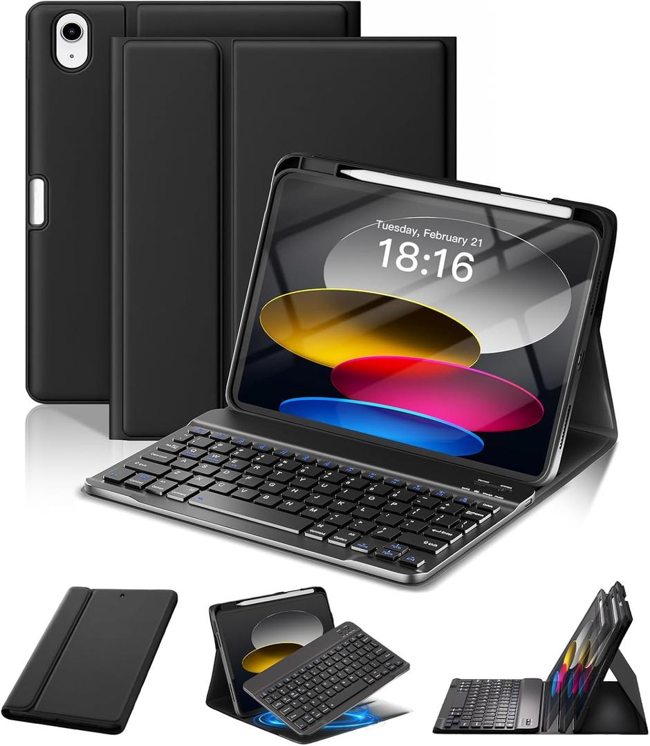 NOKBABO for iPad 11th 10th Generation Case with Keyboard, Magnetic Wireless Detachable Folio case with Pencil Holder, Keyboard for iPad 11th(A16,2025) & ipad 10th Generation(2022) - Black