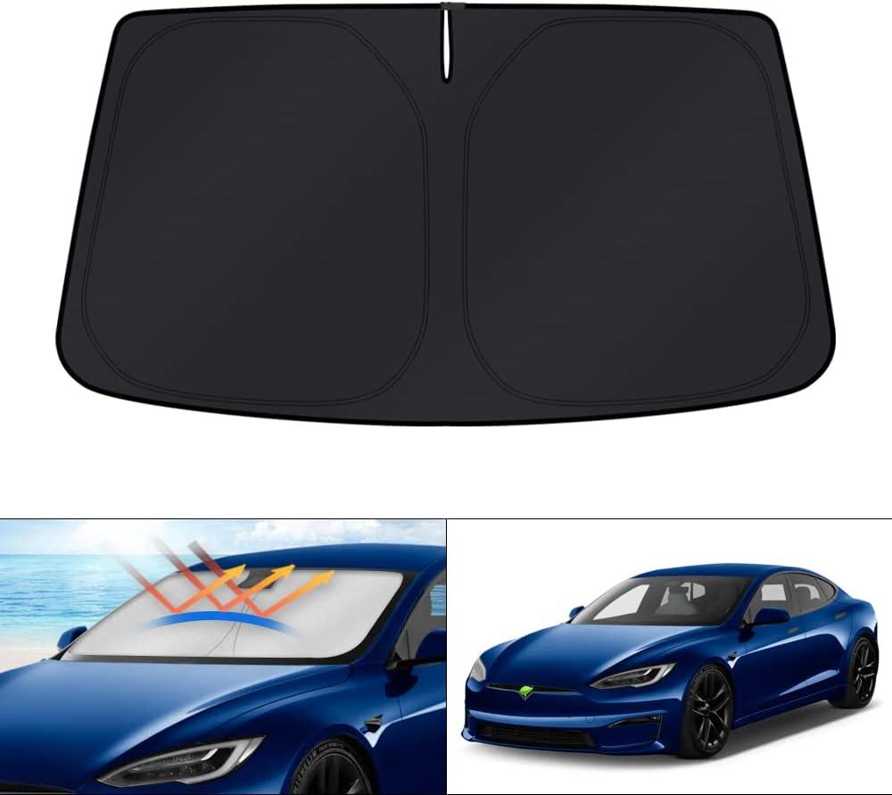 KUST Windshield Sun Shade for Tesla Model S Plaid Accessories 2021-2024 2025 2026 Sunshade Window Sun Visor Protector Foldable Blocks UV Rays Keep Your Car Cooler