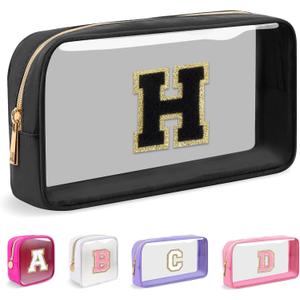 Small Clear Personalized Initial Makeup Bag,Nylon Preppy A-Z Chenille Letter Patch Cosmetic Pouch Beach Toiletry Bag,Waterproof Zipper Travel Purse Storage Bag Organizer for Women Girls(Black-Black H)