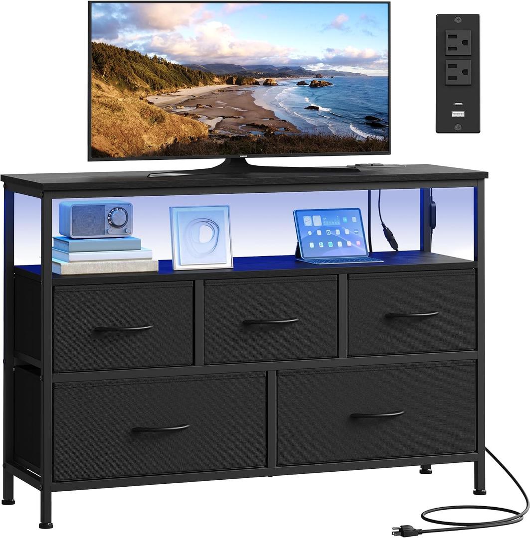 SONGMICS BELLAH Collection - Dresser for Bedroom with App-Controlled LED Lights and Charging Station, Chest of Drawers, TV Stand, 5 Drawers, Shelf, Modern, Ink Black ULGS723BH02S, 11.8"D x 38.9"W x 26.8"H