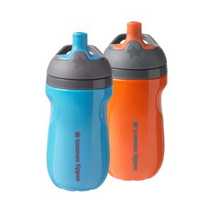 Tommee Tippee Insulated 9oz Sporty Spout Toddler Water Bottle, No Spill Sippy Cups for Toddlers 1-3, Two-Piece Valve Helps Stop Spills, Orange and Blue, BPA Free, Pack of 2