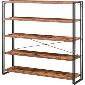 HCHQHS Bookshelf, 5-Tier Industrial Bookcase, Rustic Open Book Shelf, Freestanding Tall Bookshelves with Metal Frame