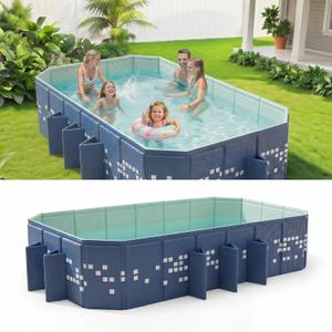 Large Foldable Swimming Pool, Mosaic Design Non-Inflatable Rectangular Pool, Oversized Thickened Framed Pool, Collapsible Pool for Kids Adults, Backyard Outdoor Pool 102.4"x65.0"x19.7"- Blue
