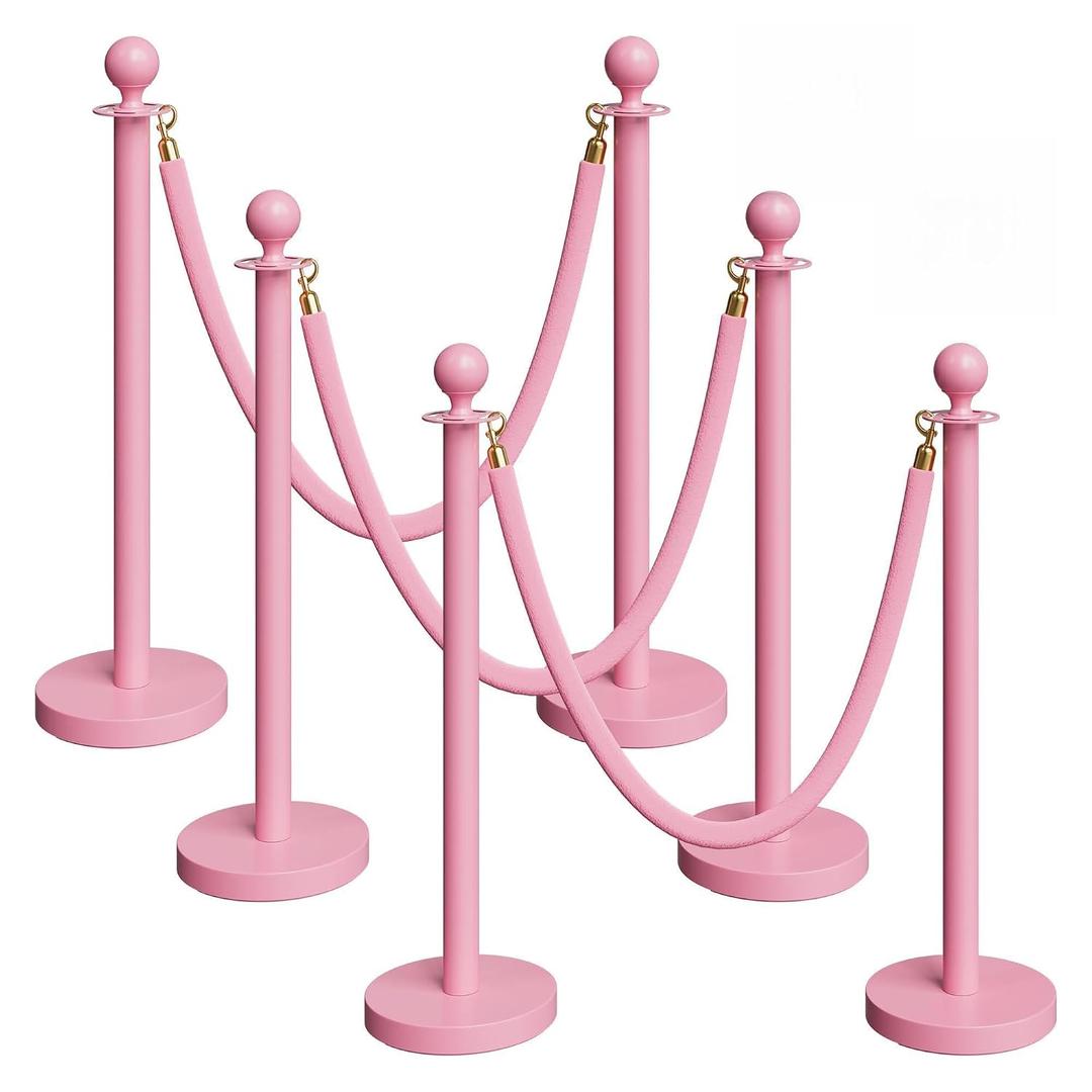 6 Pack Pink Stanchions and Velvet Ropes Set, Stainless Steel Crowd Control Barriers, 3Pcs Pink Ropes and Poles for Party Supplies,Prom,Birthday,Business,Wedding,Baby Shower, Bridal Shower,Anniversary