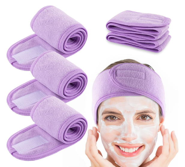 Whaline Spa Facial Headband 4 Packs Head Wrap Terry Cloth Headband Adjustable Stretch Towel for Bath, Makeup and Sport (Light Purple)